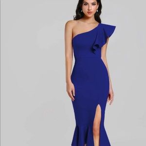 Navy blue one shoulder formal dress